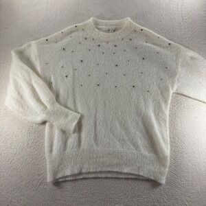 Cato‎ Womens Sweater XL White Sparkle Beaded Fuzzy Knit Holiday GrannyCore Xmas